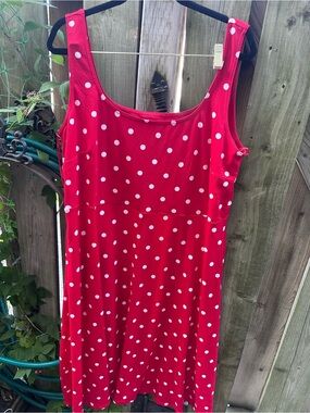 Red Polka Dot Midi Dress - Sleeveless Scoop Neck